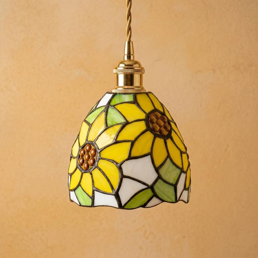 Handmade Yellow Floral Dome Tiffany-Inspired Pendant Light with Green Botanical Motifs - view 5