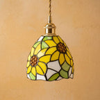 Handmade Yellow Floral Dome Tiffany-Inspired Pendant Light with Green Botanical Motifs - view 5