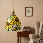 Handmade Yellow Floral Dome Tiffany-Inspired Pendant Light with Green Botanical Motifs - view 9