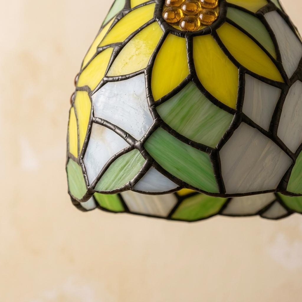 Handmade Yellow Floral Dome Tiffany-Inspired Pendant Light with Green Botanical Motifs - view 3