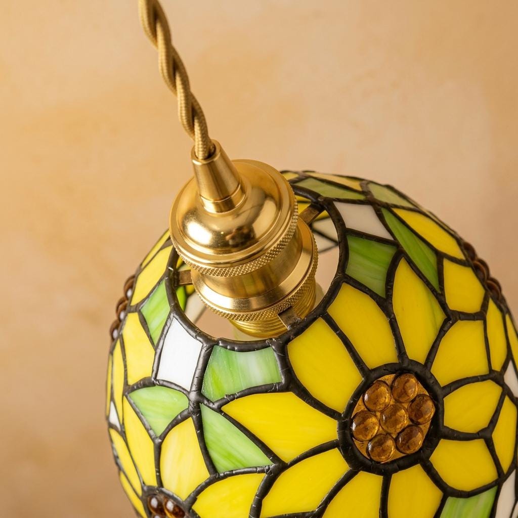 Handmade Yellow Floral Dome Tiffany-Inspired Pendant Light with Green Botanical Motifs - view 4