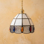 Handmade Cream Faceted Bell Tiffany-Inspired Pendant Light with Red, Blue, and Amber-tone Ovals - view 4