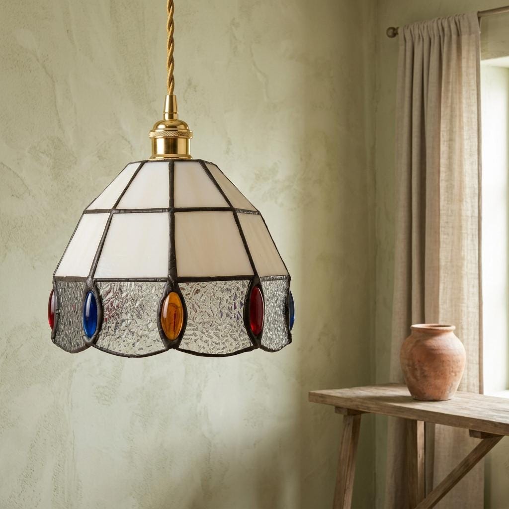 Handmade Cream Faceted Bell Tiffany-Inspired Pendant Light with Red, Blue, and Amber-tone Ovals - view 6