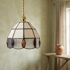 Handmade Cream Faceted Bell Tiffany-Inspired Pendant Light with Red, Blue, and Amber-tone Ovals - view 6