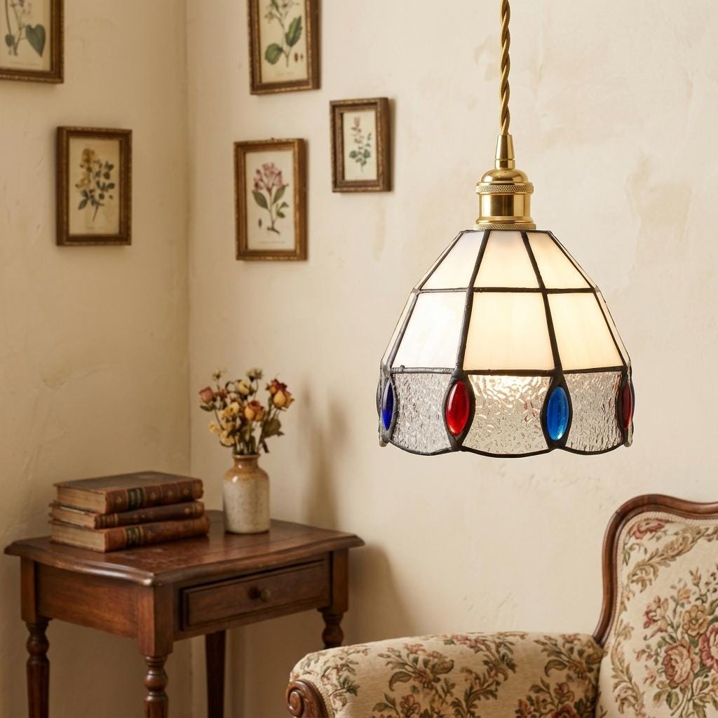 Handmade Cream Faceted Bell Tiffany-Inspired Pendant Light with Red, Blue, and Amber-tone Ovals - view 7