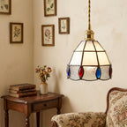 Handmade Cream Faceted Bell Tiffany-Inspired Pendant Light with Red, Blue, and Amber-tone Ovals - view 7
