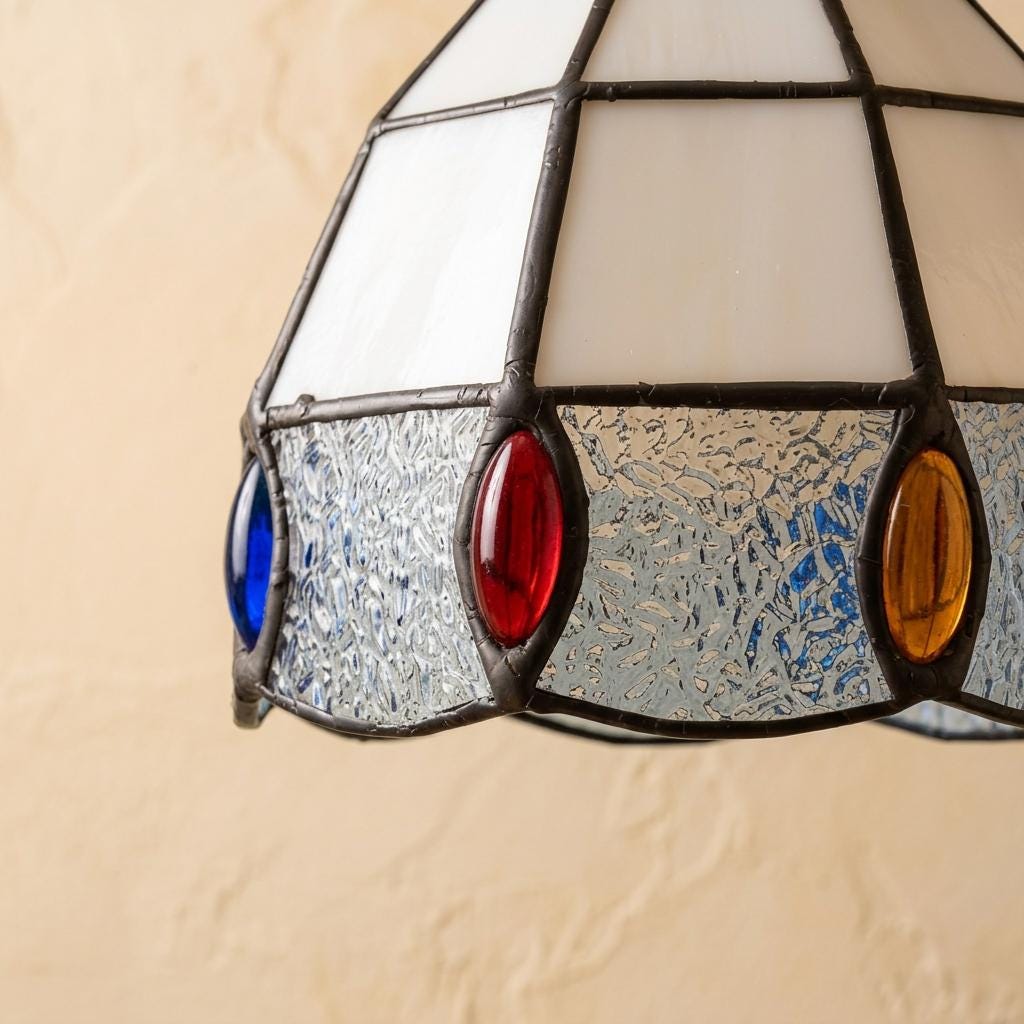Handmade Cream Faceted Bell Tiffany-Inspired Pendant Light with Red, Blue, and Amber-tone Ovals - view 3