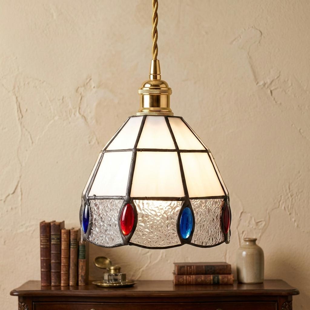 Handmade Cream Faceted Bell Tiffany-Inspired Pendant Light with Red, Blue, and Amber-tone Ovals - view 9