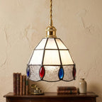 Handmade Cream Faceted Bell Tiffany-Inspired Pendant Light with Red, Blue, and Amber-tone Ovals - view 9