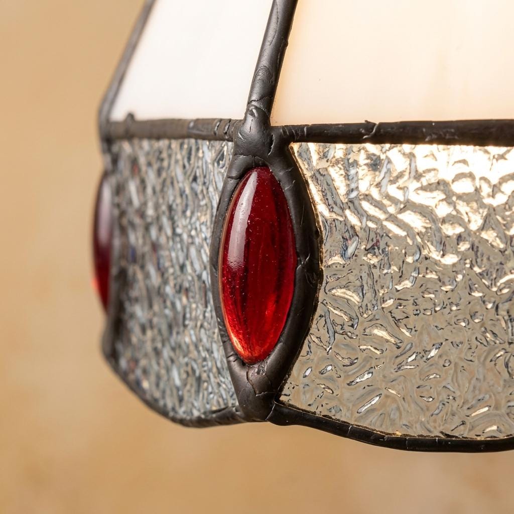 Handmade Cream Faceted Bell Tiffany-Inspired Pendant Light with Red, Blue, and Amber-tone Ovals - view 2