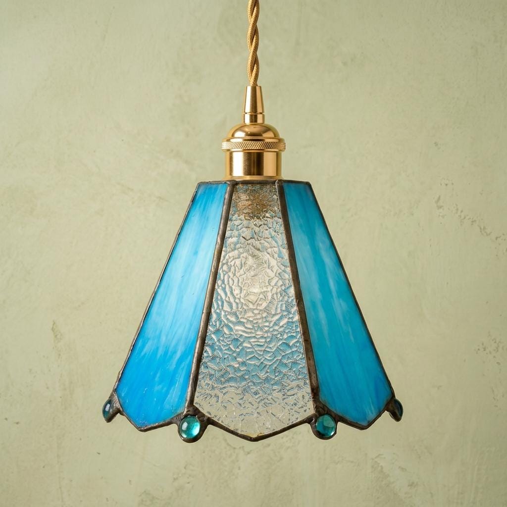 Handmade Blue and Clear Bell Tiffany-Inspired Pendant Light with Teardrop Edge Details - view 5