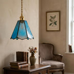 Handmade Blue and Clear Bell Tiffany-Inspired Pendant Light with Teardrop Edge Details - view 9