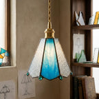 Handmade Blue and Clear Bell Tiffany-Inspired Pendant Light with Teardrop Edge Details - view 10