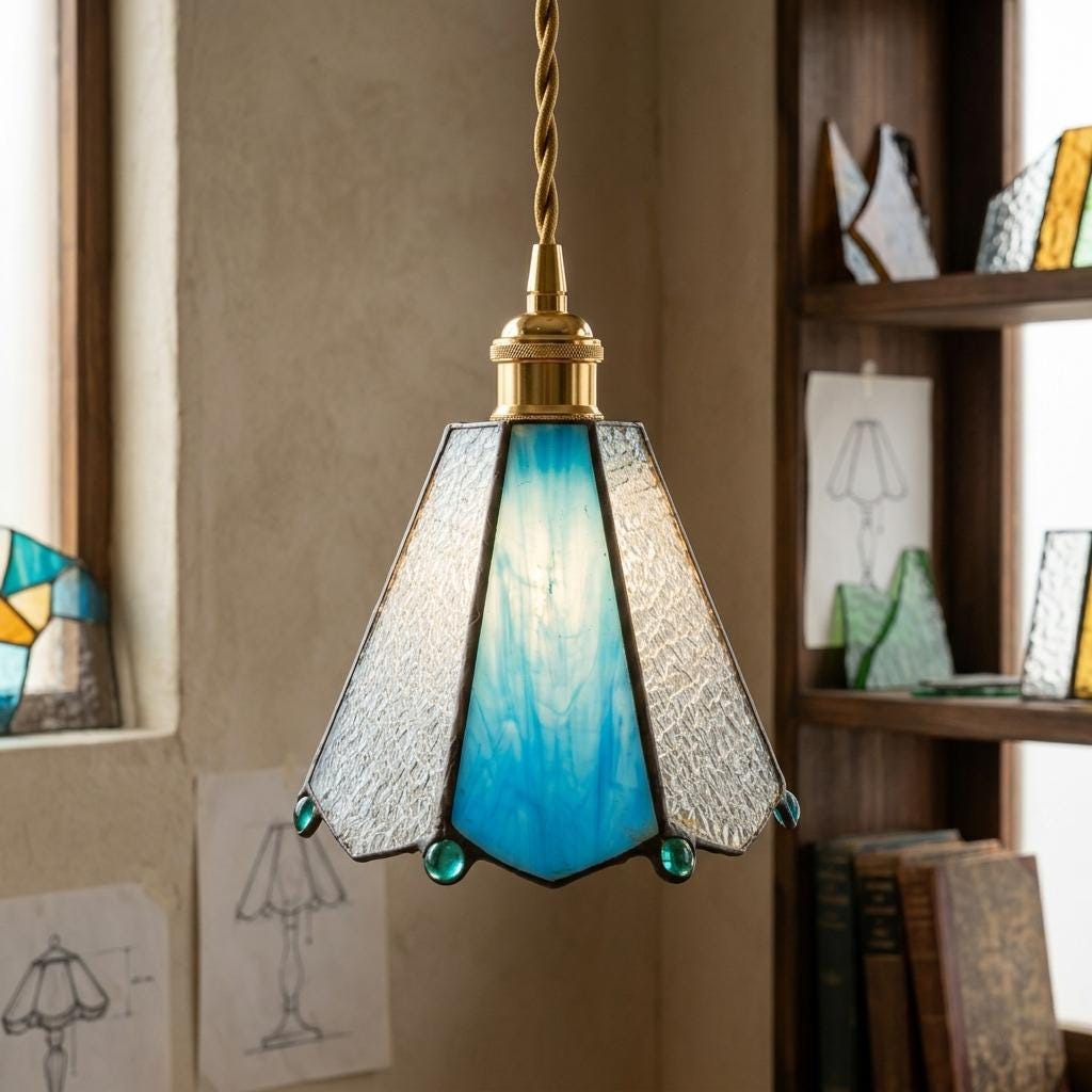 Handmade Blue and Clear Bell Tiffany-Inspired Pendant Light with Teardrop Edge Details - view 10