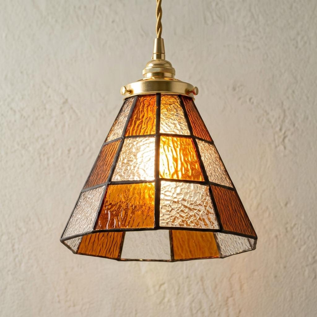 Handmade Amber-tone Grid Tiffany-Inspired Pendant Light with Cream and Orange Panels by AuroraeGlass