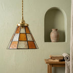 Handmade Amber-tone Grid Tiffany-Inspired Pendant Light with Cream and Orange Panels - view 6