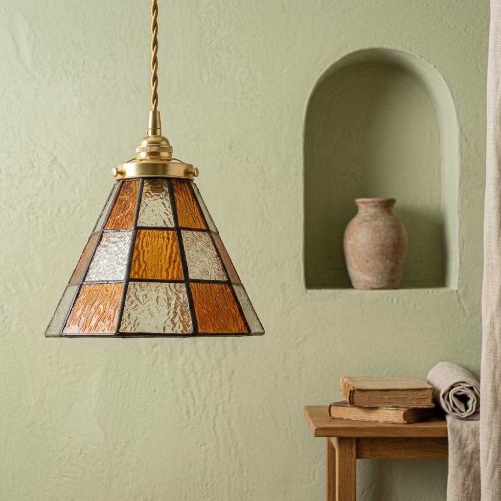 Handmade Amber-tone Grid Tiffany-Inspired Pendant Light with Cream and Orange Panels - view 6