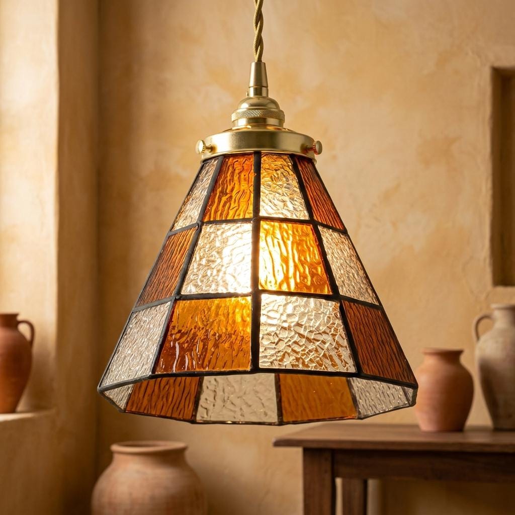 Handmade Amber-tone Grid Tiffany-Inspired Pendant Light with Cream and Orange Panels - view 9
