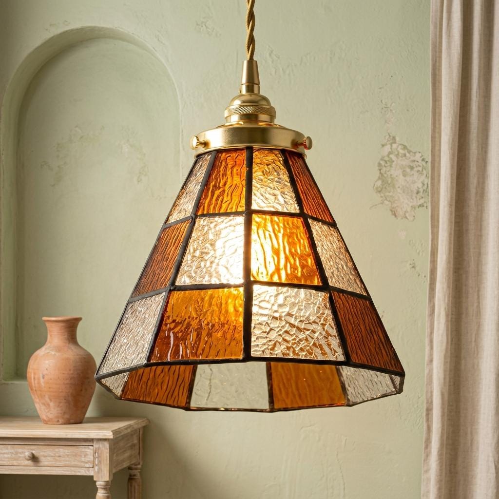 Handmade Amber-tone Grid Tiffany-Inspired Pendant Light with Cream and Orange Panels - view 5