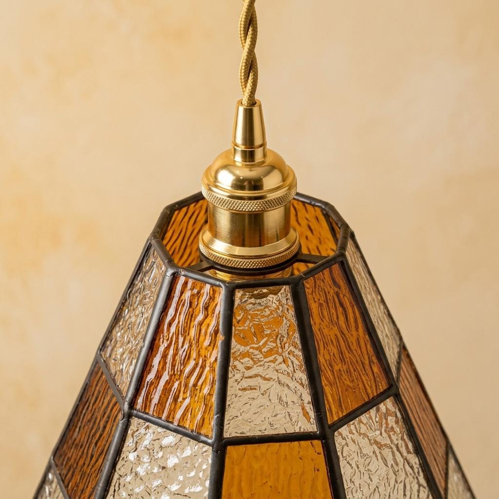Handmade Amber-tone Grid Tiffany-Inspired Pendant Light with Cream and Orange Panels - view 3