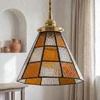 Handmade Amber-tone Grid Tiffany-Inspired Pendant Light with Cream and Orange Panels - view 10