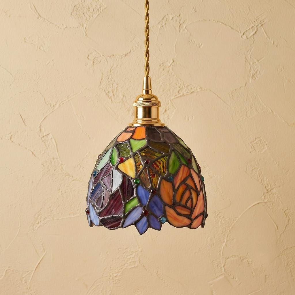 Handmade Orange Floral Dome Tiffany-Inspired Pendant Light with Multicolor Botanical Pattern - view 5