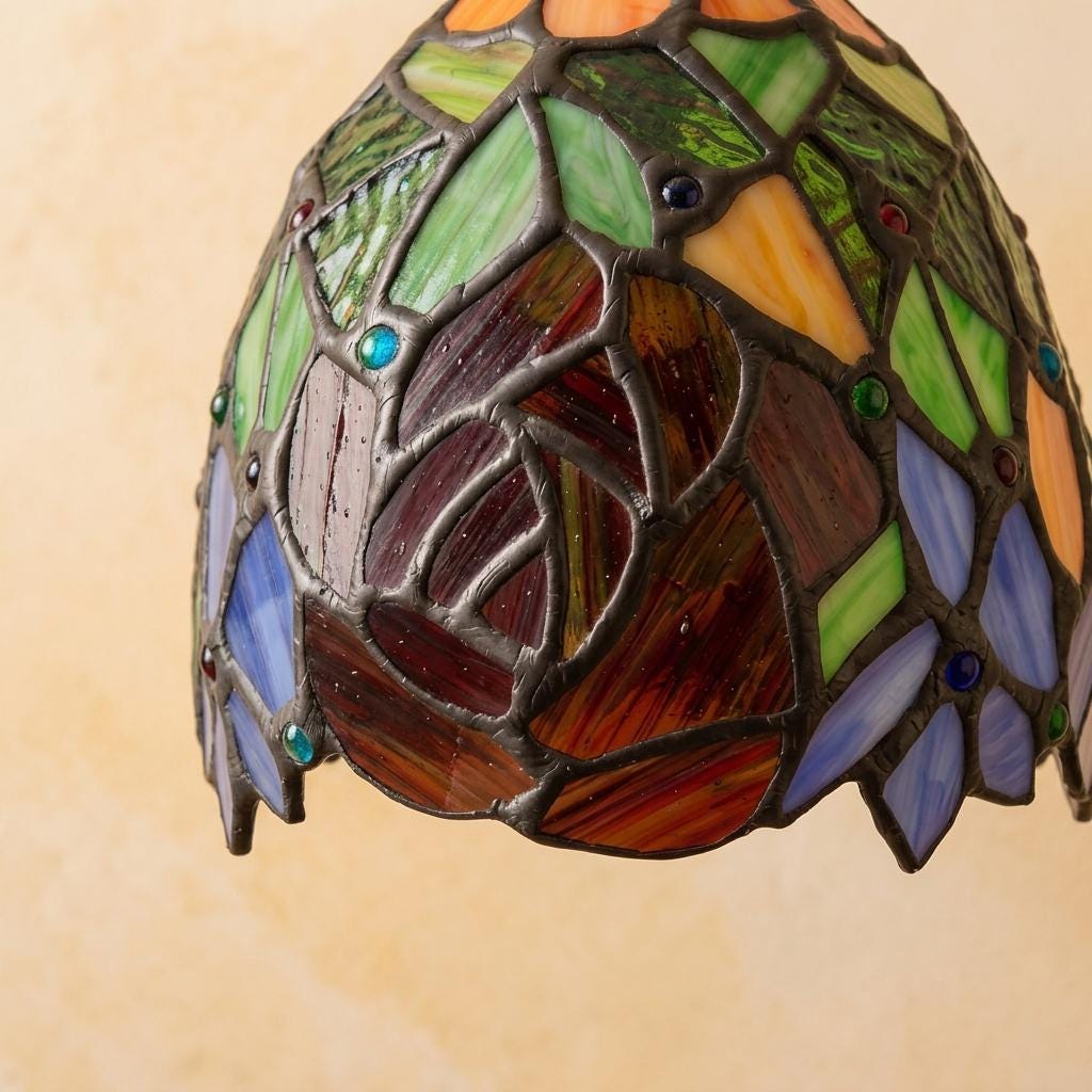 Handmade Orange Floral Dome Tiffany-Inspired Pendant Light with Multicolor Botanical Pattern - view 3