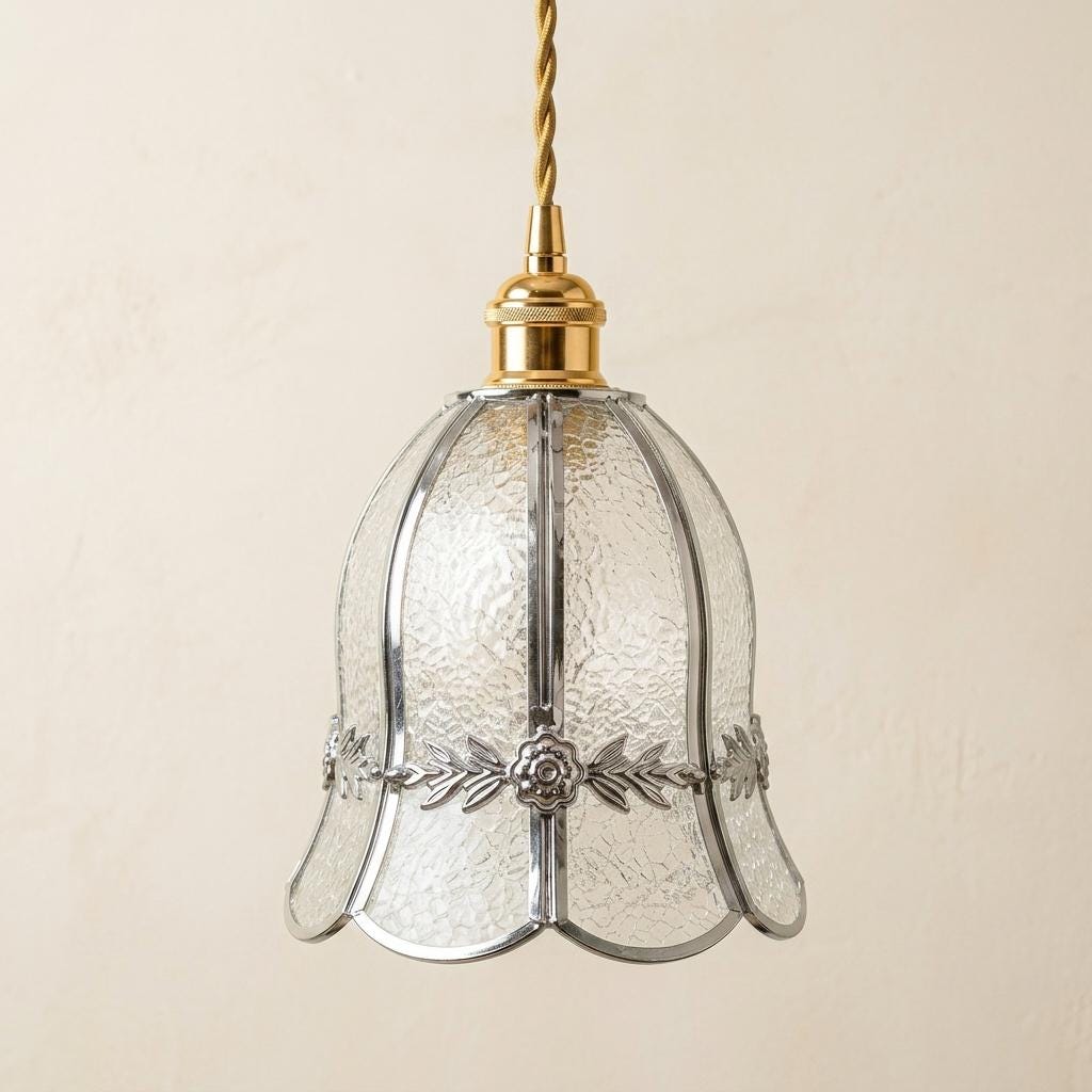 Handmade Clear Bell Pendant Light with Silver-Tone Floral Band and Scalloped Edge - view 5