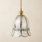 Handmade Clear Bell Pendant Light with Silver-Tone Floral Band and Scalloped Edge - view 5