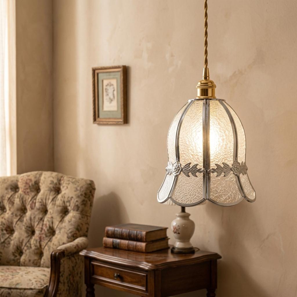 Handmade Clear Bell Pendant Light with Silver-Tone Floral Band and Scalloped Edge - view 8