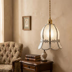 Handmade Clear Bell Pendant Light with Silver-Tone Floral Band and Scalloped Edge - view 8