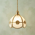 Handmade Cream Segmented Dome Pendant Light with Gold-Tone Floral Medallions by AuroraeGlass