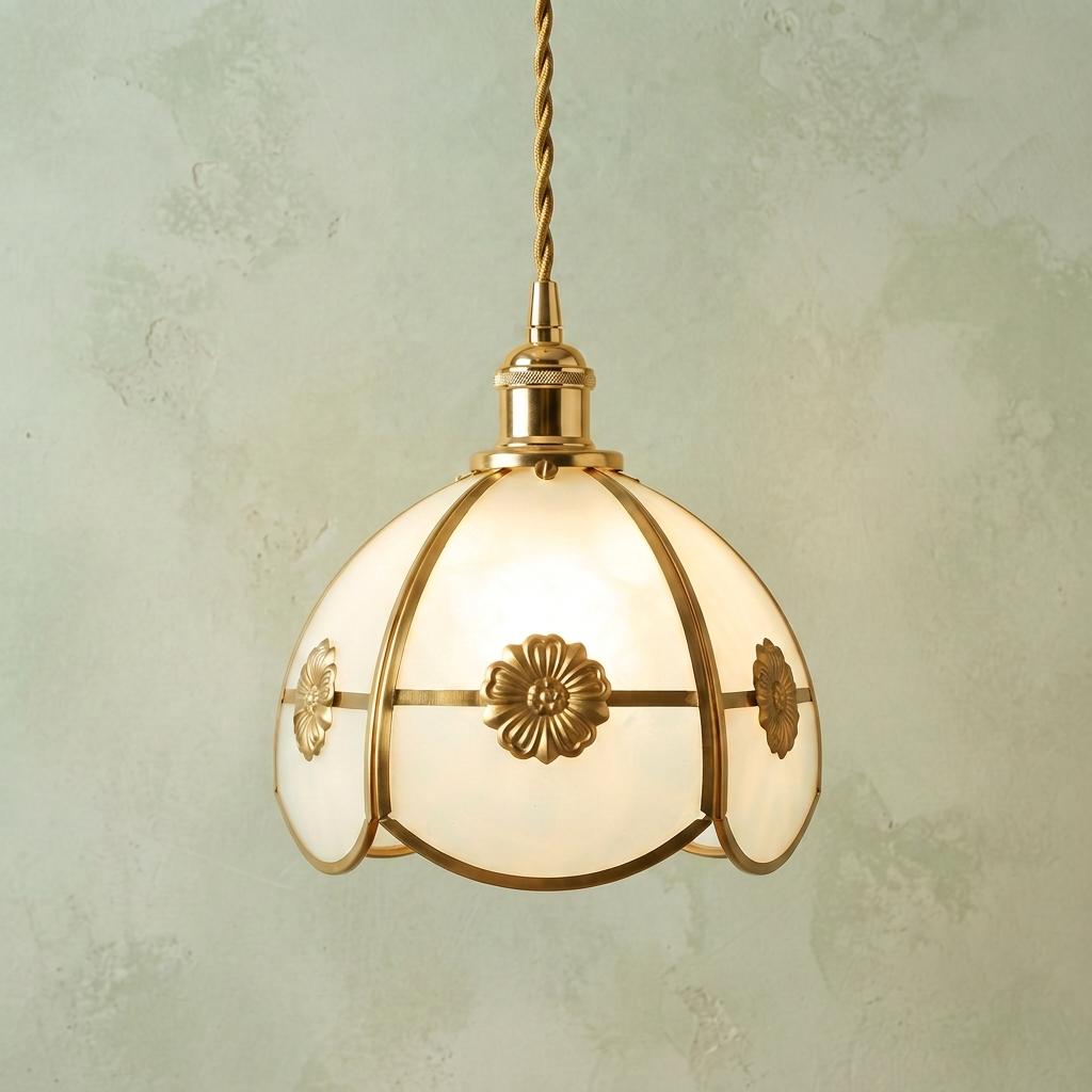 Handmade Cream Segmented Dome Pendant Light with Gold-Tone Floral Medallions by AuroraeGlass