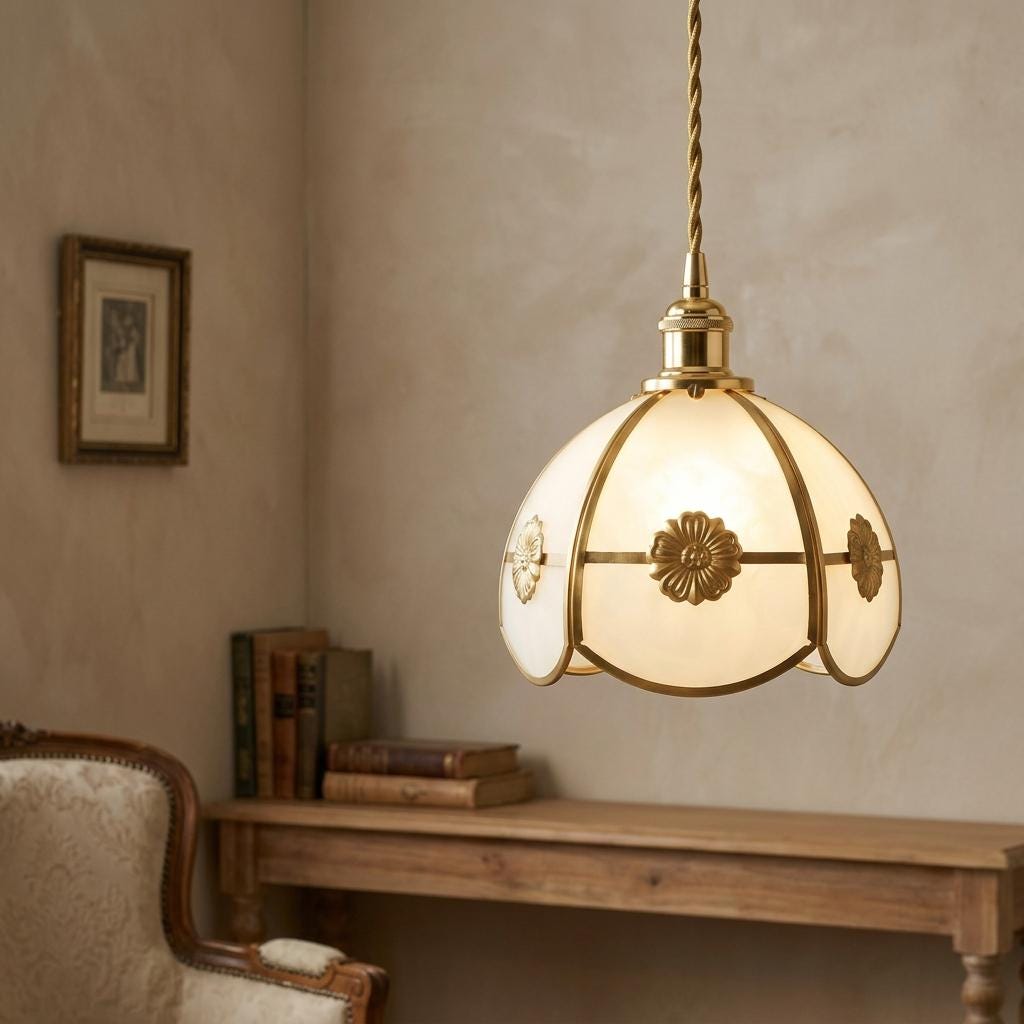 Handmade Cream Segmented Dome Pendant Light with Gold-Tone Floral Medallions - view 8