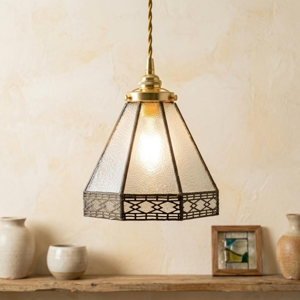 Handmade Clear Geometric Bell Pendant Light with Dark Lattice Border - view 10