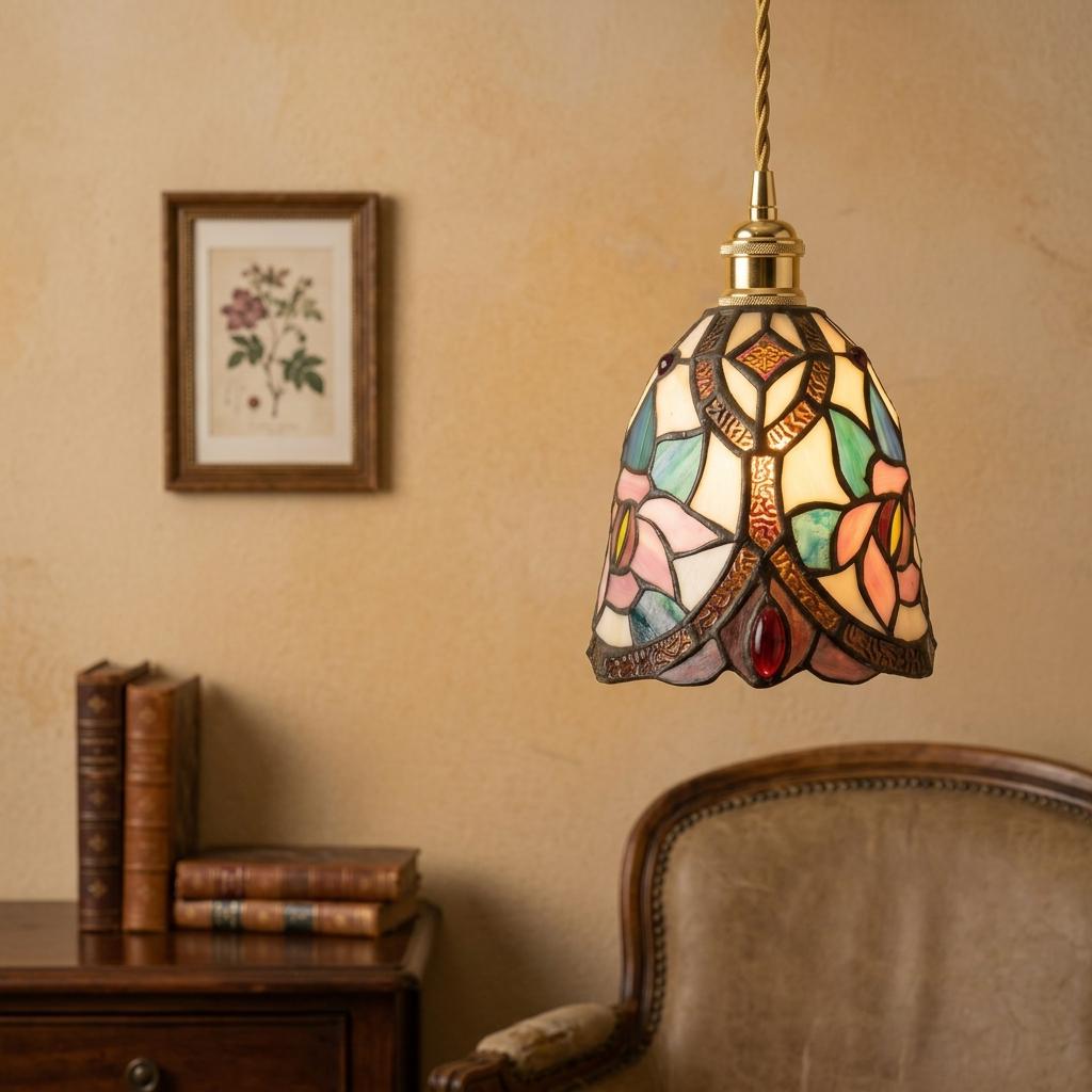 Handmade Pink Floral Tiffany-Inspired Pendant Light with Blue Botanical Shapes and Rounded Bell - view 8