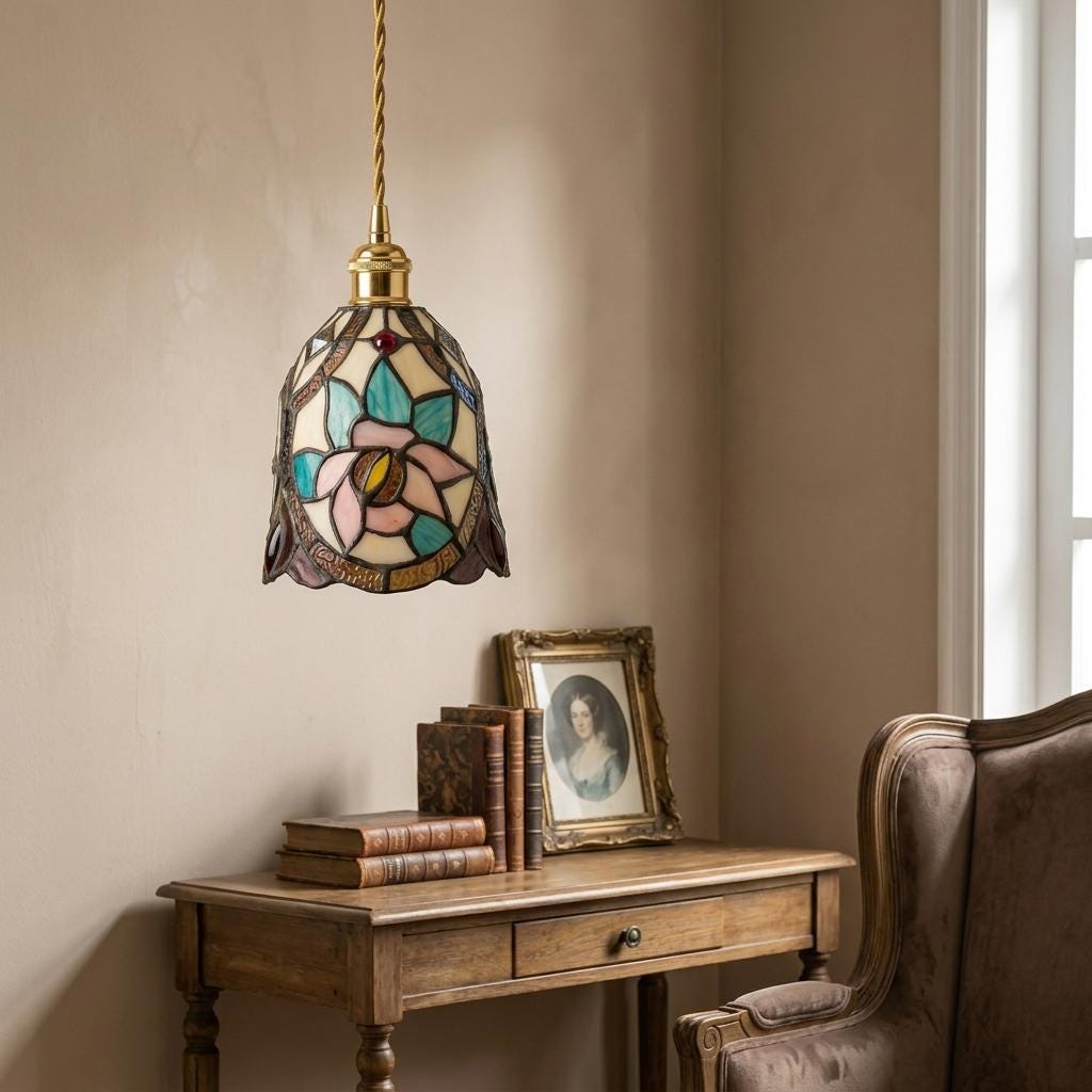 Handmade Pink Floral Tiffany-Inspired Pendant Light with Blue Botanical Shapes and Rounded Bell - view 9