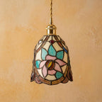 Handmade Pink Floral Tiffany-Inspired Pendant Light with Blue Botanical Shapes and Rounded Bell - view 5