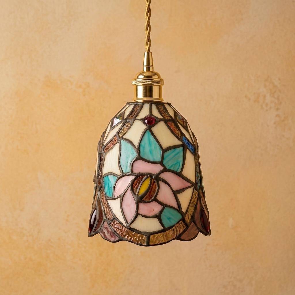 Handmade Pink Floral Tiffany-Inspired Pendant Light with Blue Botanical Shapes and Rounded Bell - view 5