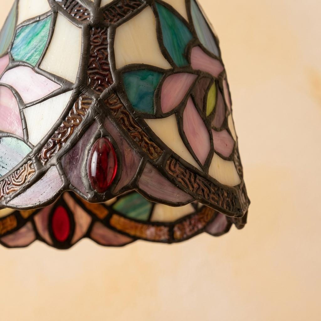 Handmade Pink Floral Tiffany-Inspired Pendant Light with Blue Botanical Shapes and Rounded Bell - view 3
