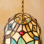 Handmade Pink Floral Tiffany-Inspired Pendant Light with Blue Botanical Shapes and Rounded Bell - view 4