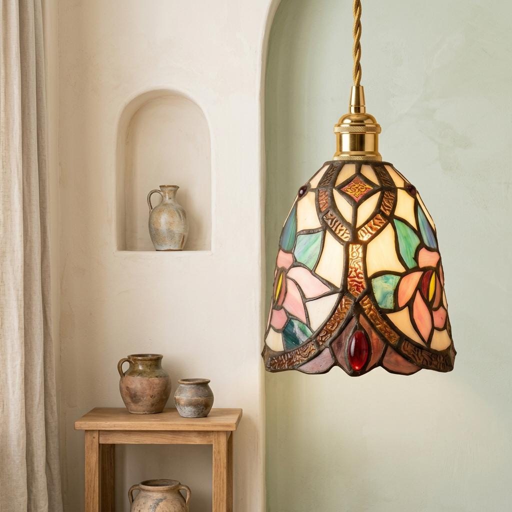 Handmade Pink Floral Tiffany-Inspired Pendant Light with Blue Botanical Shapes and Rounded Bell - view 6