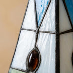 Handmade Cream Bell Tiffany-Inspired Pendant Light with Blue Triangles and Amber-tone Oval Details - view 3