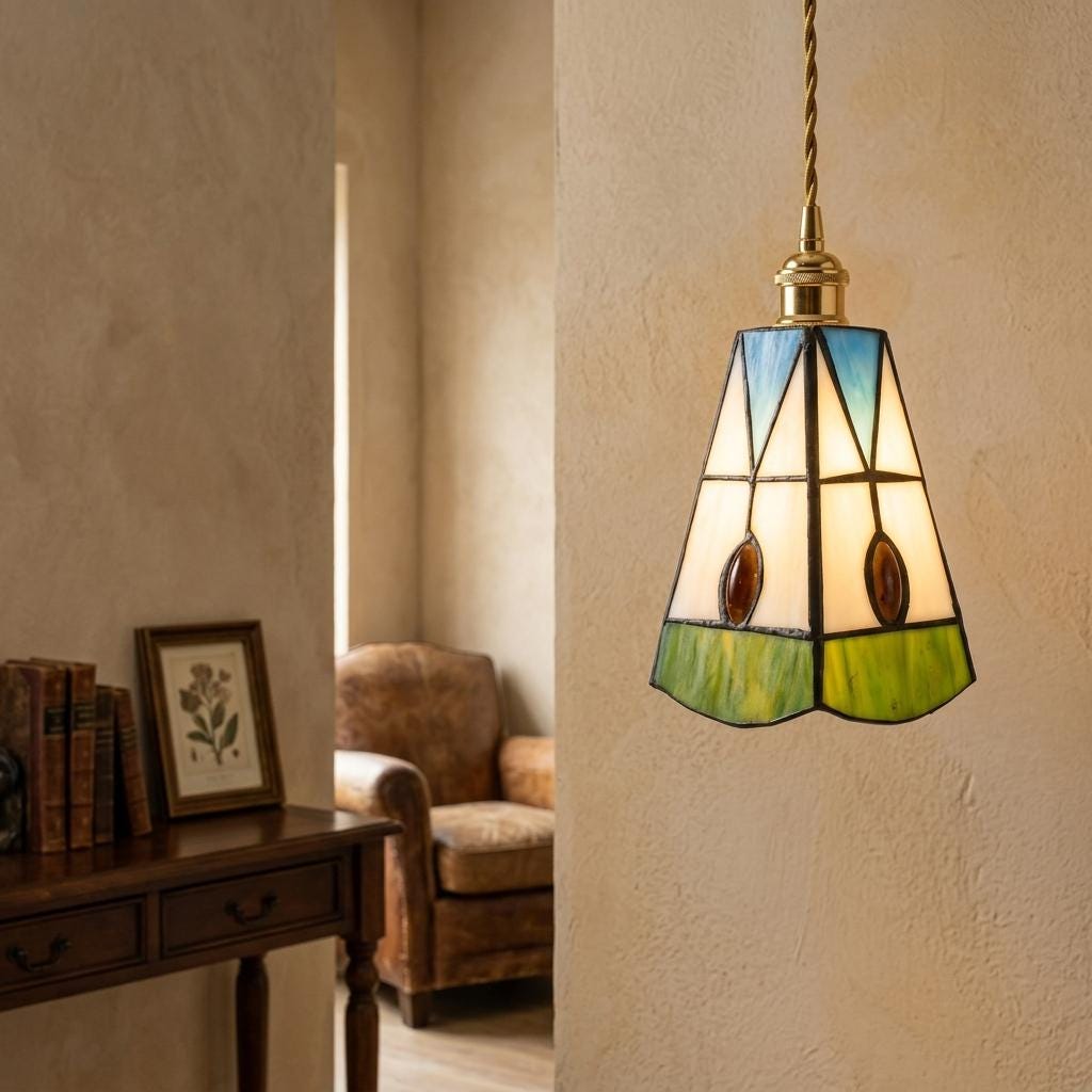 Handmade Cream Bell Tiffany-Inspired Pendant Light with Blue Triangles and Amber-tone Oval Details - view 8