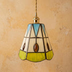 Handmade Cream Bell Tiffany-Inspired Pendant Light with Blue Triangles and Amber-tone Oval Details - view 5