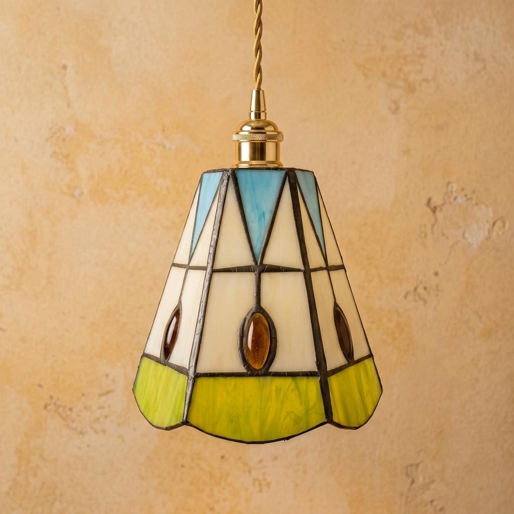 Handmade Cream Bell Tiffany-Inspired Pendant Light with Blue Triangles and Amber-tone Oval Details - view 5