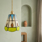 Handmade Cream Bell Tiffany-Inspired Pendant Light with Blue Triangles and Amber-tone Oval Details - view 7