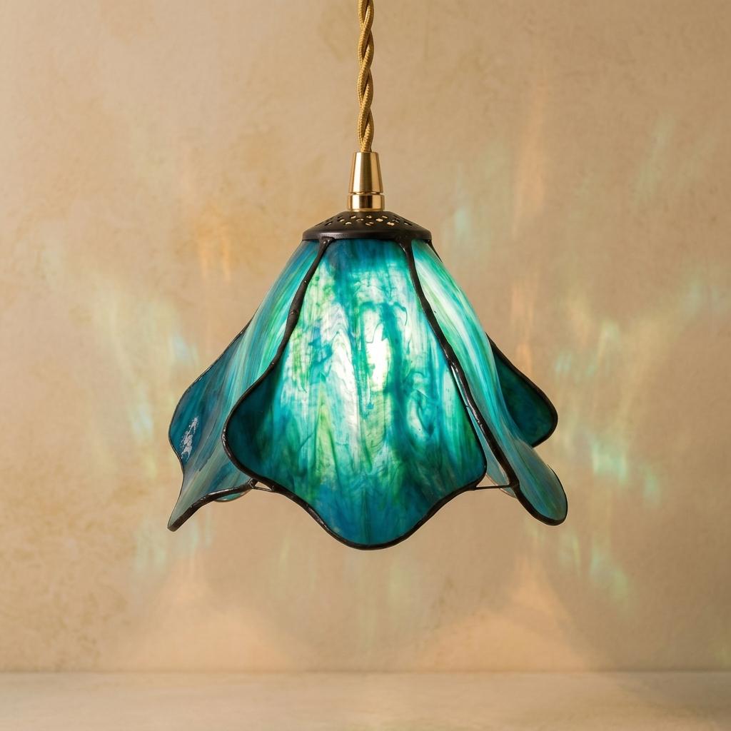 Handmade Blue Fluted Dome Tiffany-Inspired Pendant Light with Flowing Petal Panels by AuroraeGlass