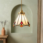Handmade Cream Bell Tiffany-Inspired Pendant Light with Red, Orange, and Green Details - view 6