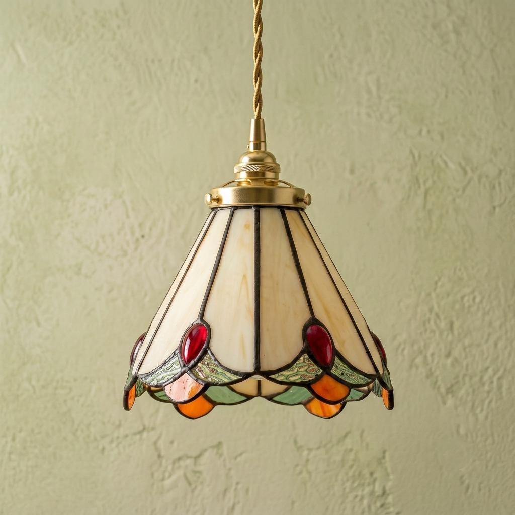 Handmade Cream Bell Tiffany-Inspired Pendant Light with Red, Orange, and Green Details - view 5